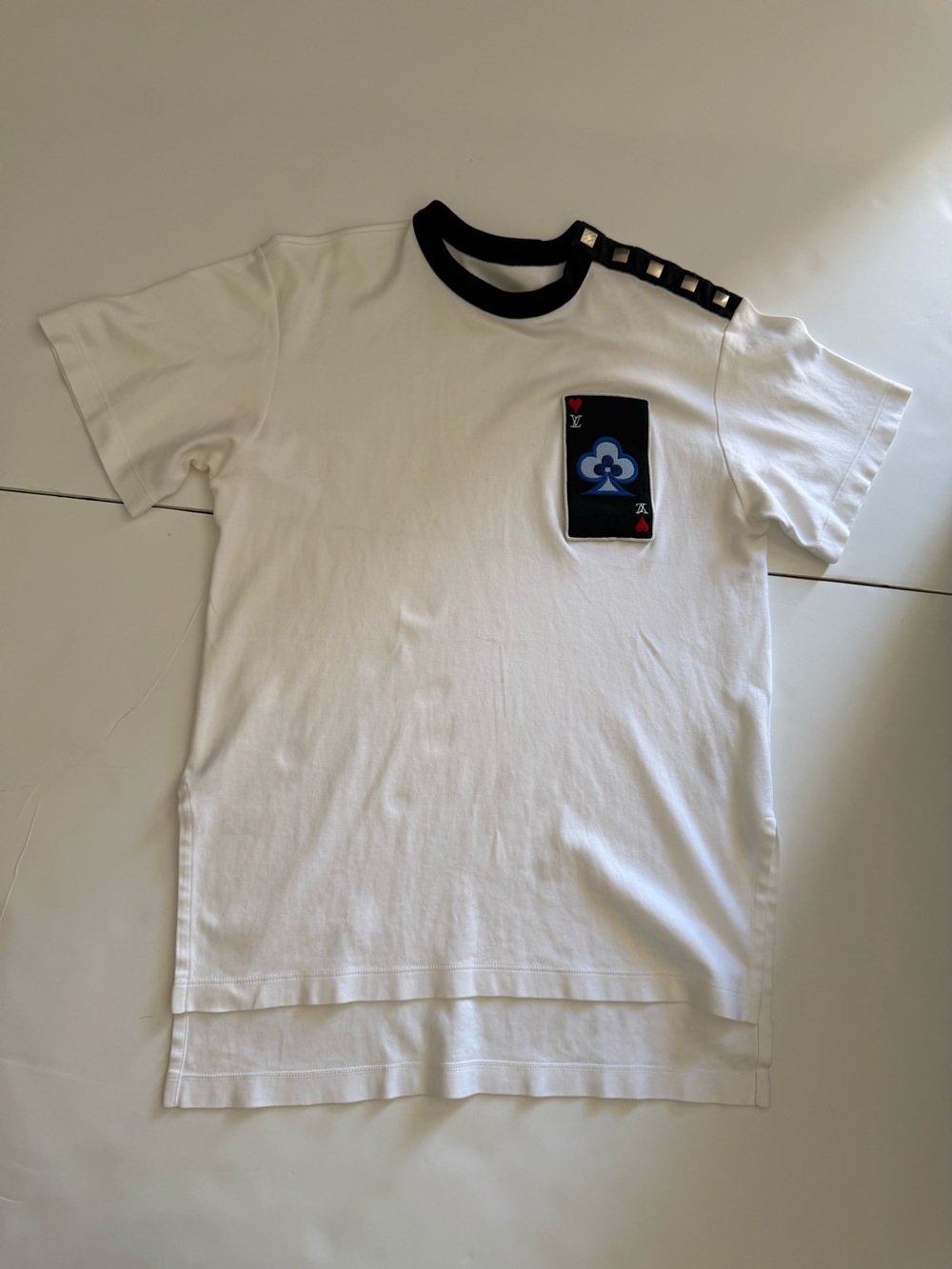 Louis Vuitton game on white studded t- shirt